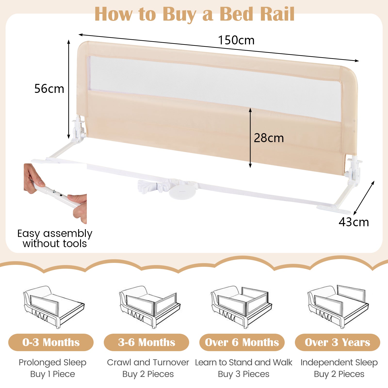 150CM Foldable Baby Bed Rail Guard with Washable Cover and Safety Strap-Beige