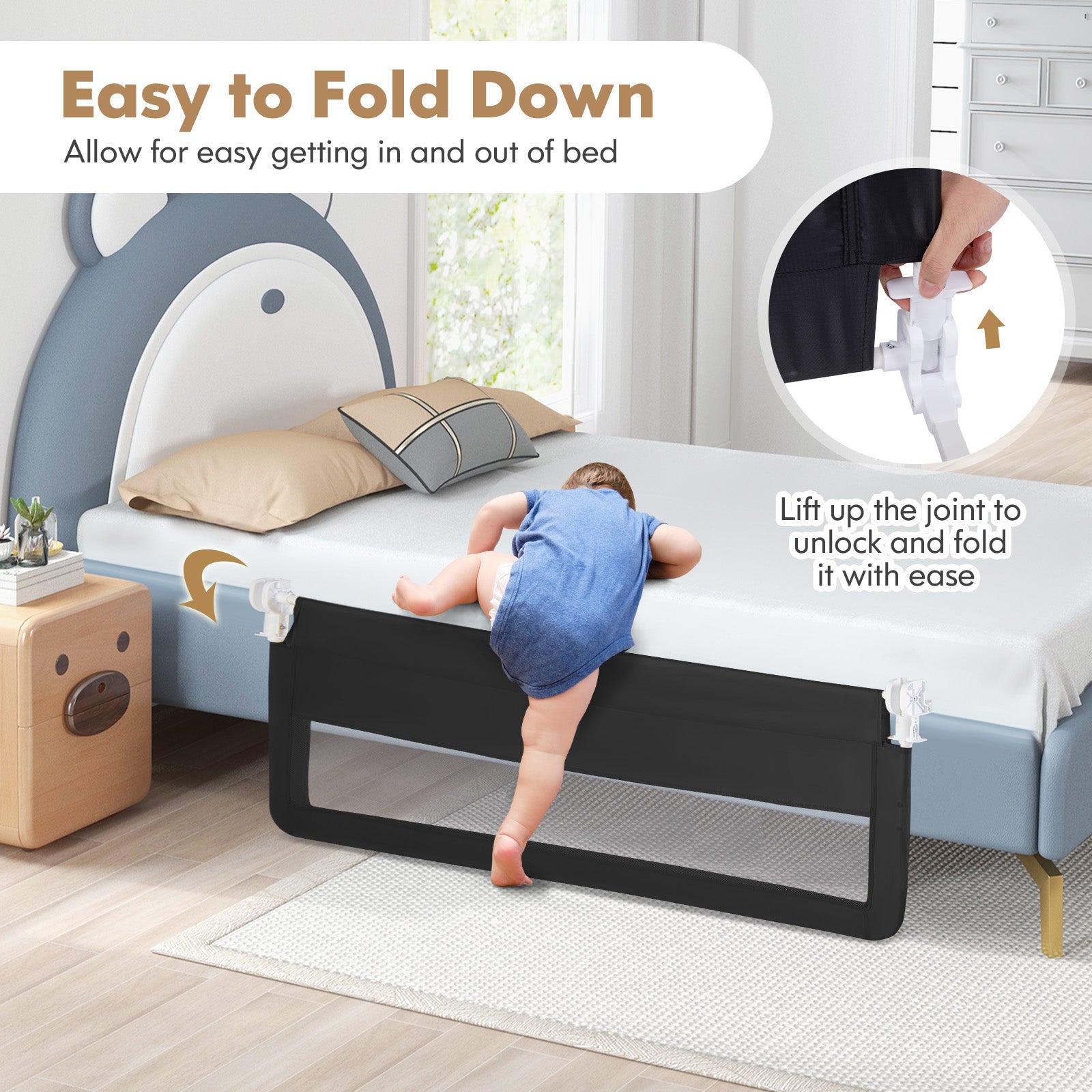 150CM Foldable Baby Bed Rail Guard with Washable Cover and Safety Strap-Black