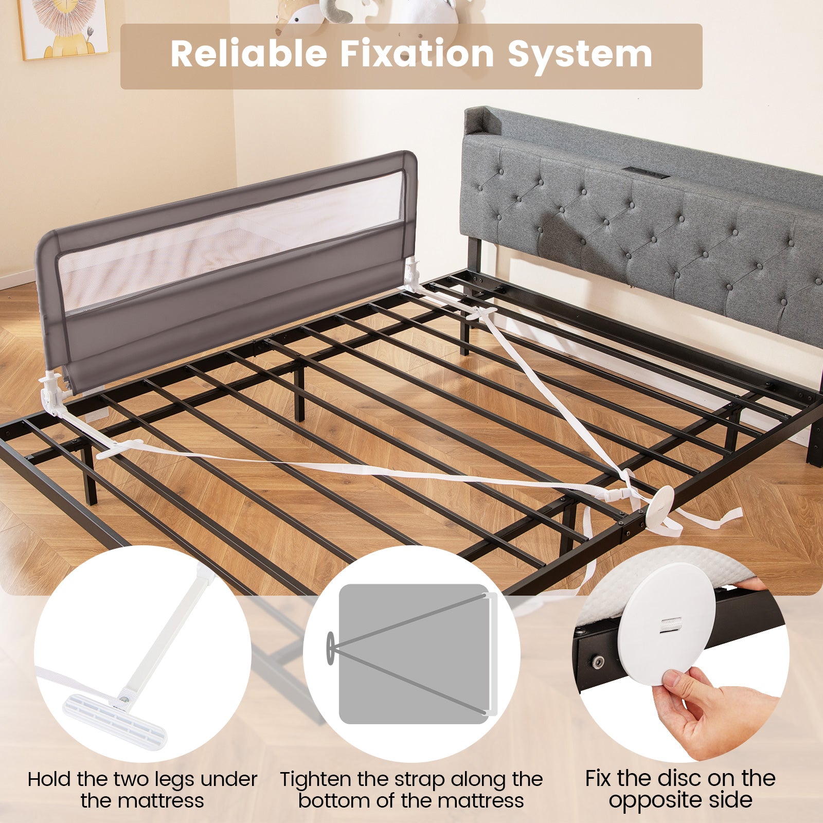 150CM Foldable Baby Bed Rail Guard with Washable Cover and Safety Strap-Grey