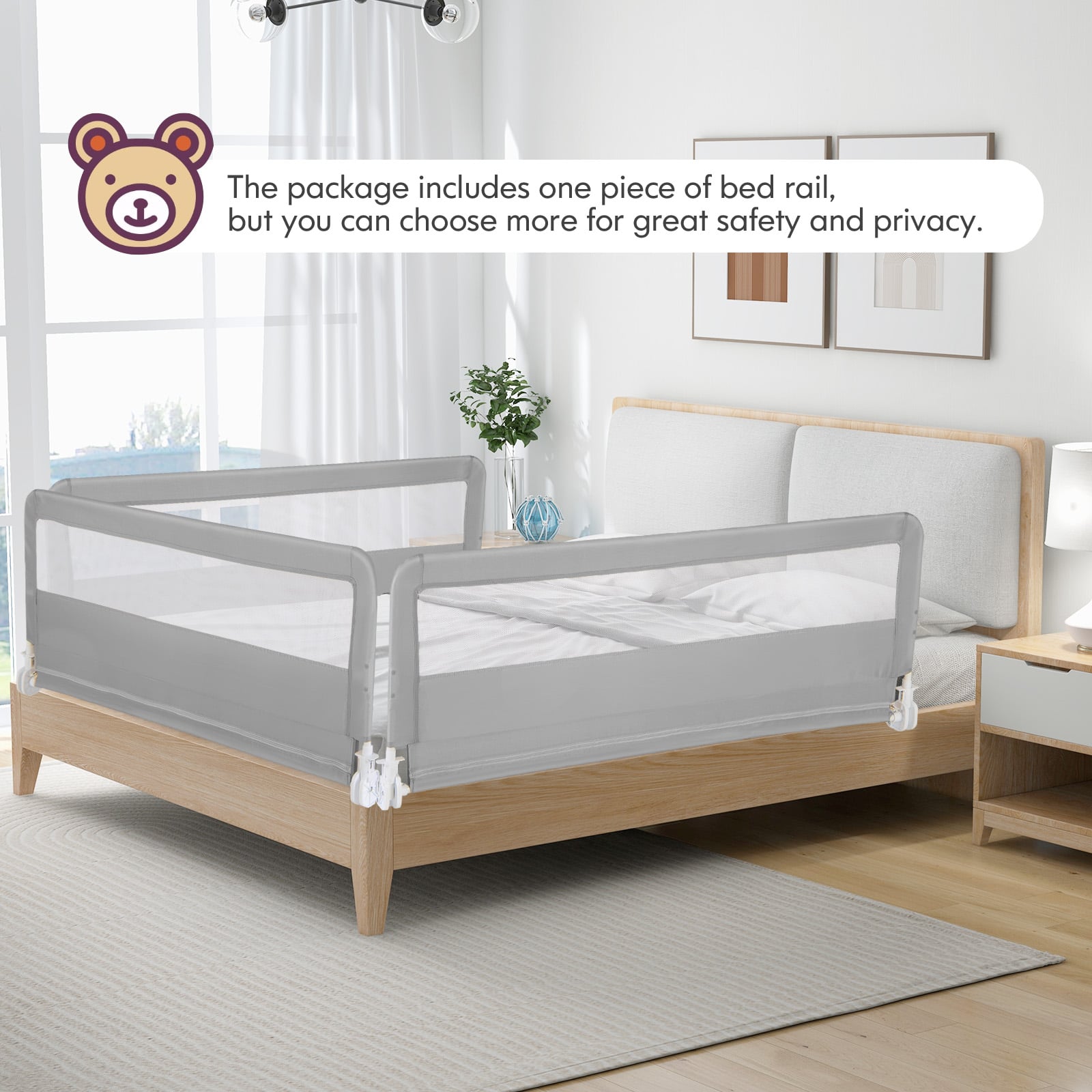 150CM Foldable Baby Bed Rail Guard with Washable Cover and Safety Strap-Silver