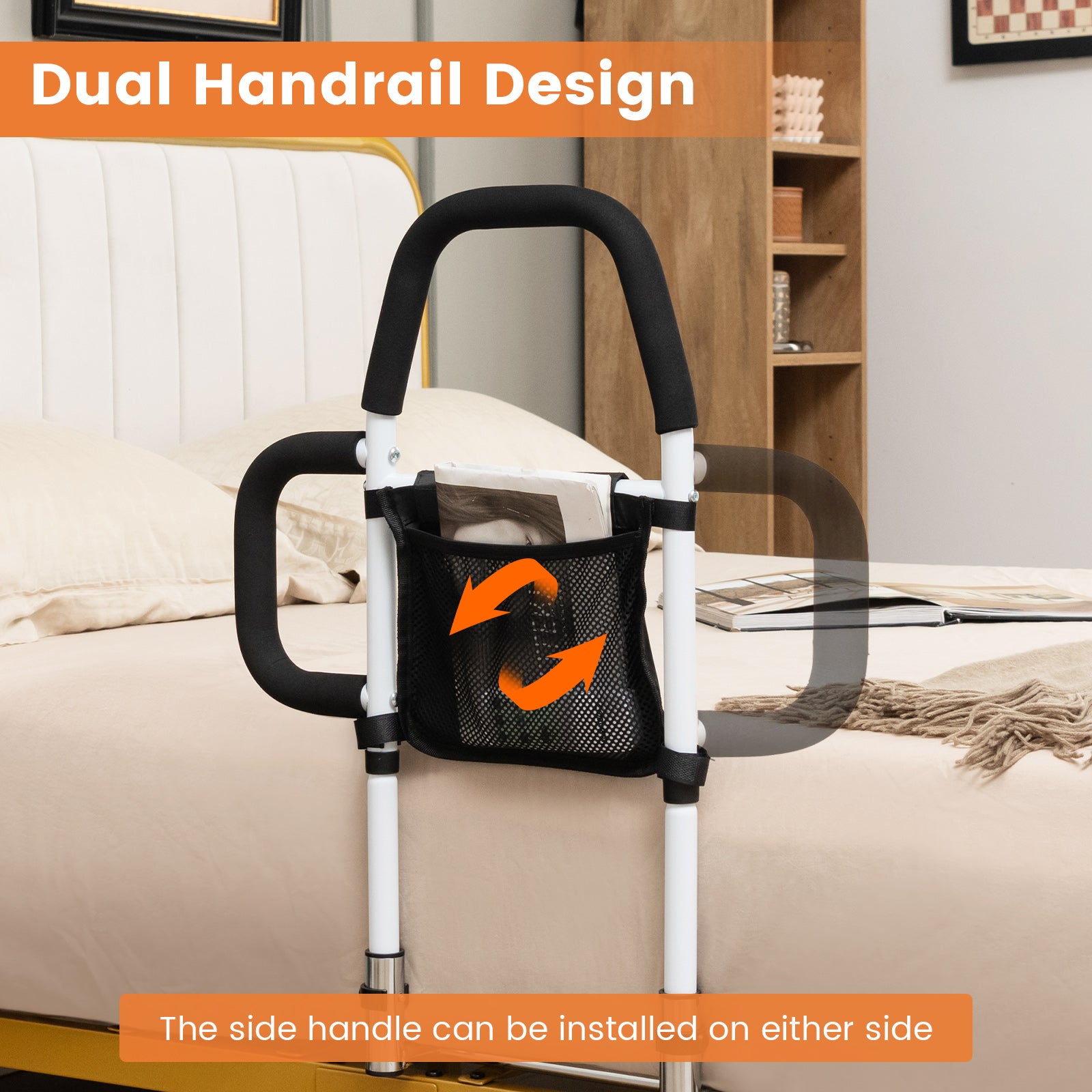 Bed Rail with Dual Handrail for Elderly Adults Support up to 300 LBS-White