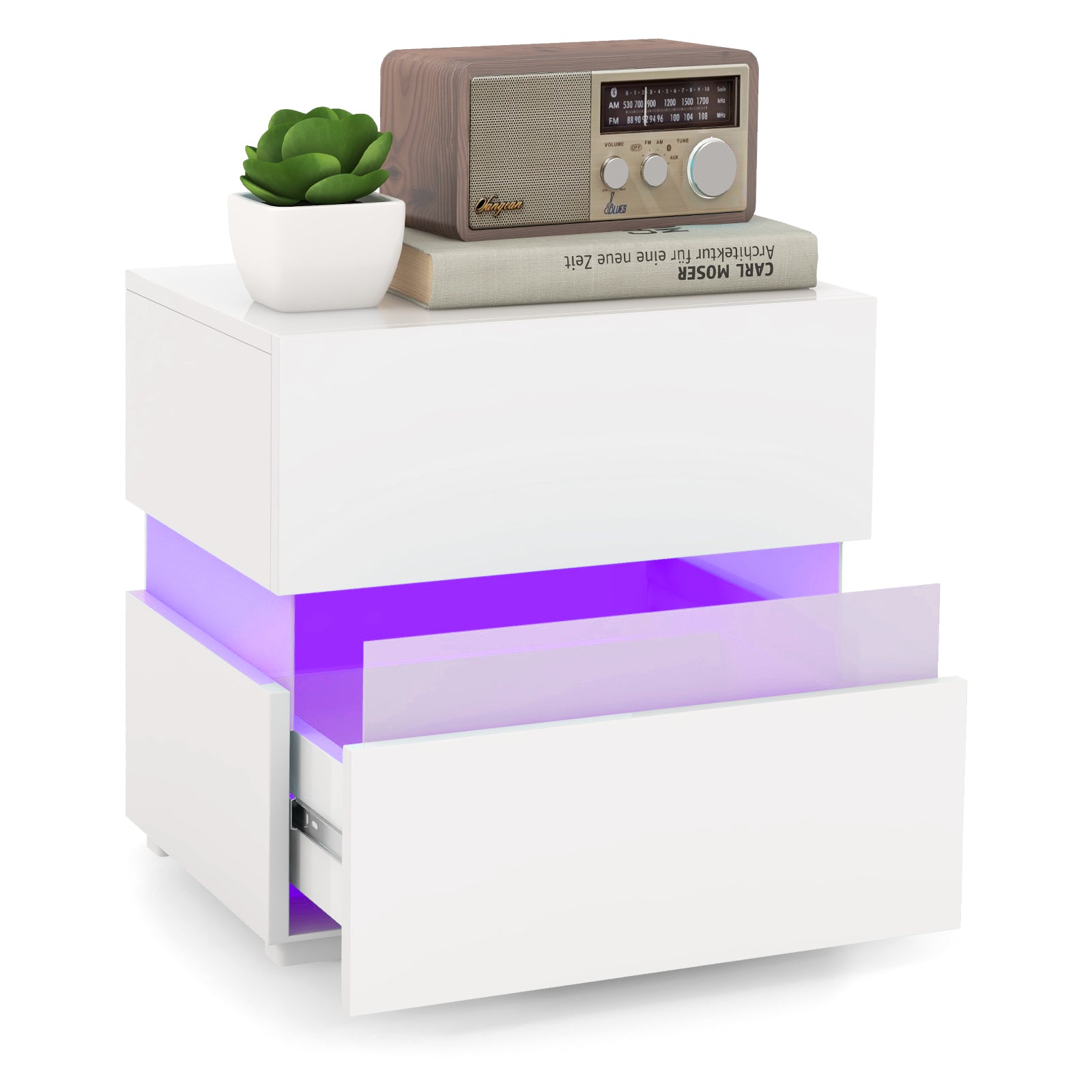 Bedside Table LED  Nightstand with 2 Drawers-White