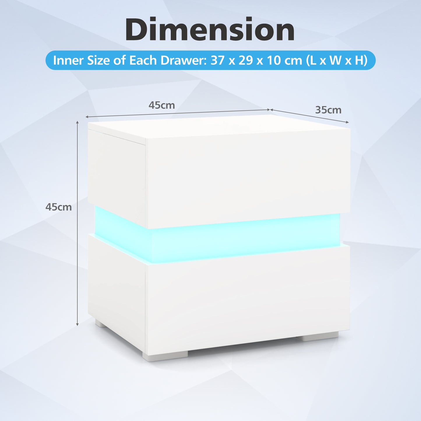 Bedside Table LED  Nightstand with 2 Drawers-White