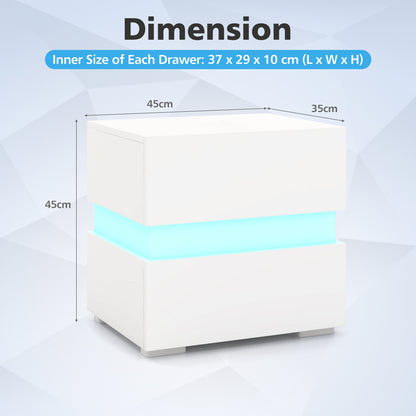 Bedside Table LED  Nightstand with 2 Drawers-White