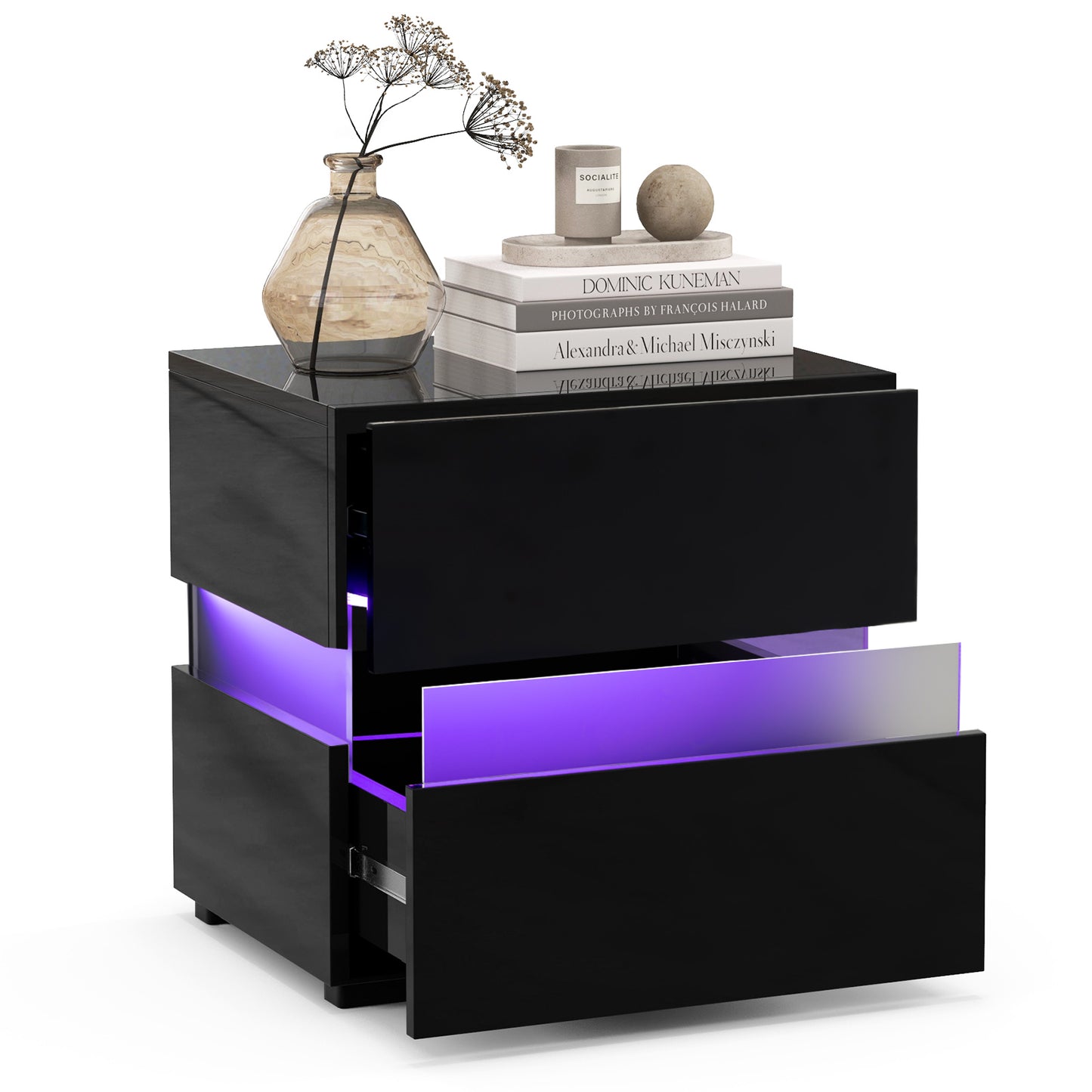 Bedside Table LED  Nightstand with 2 Drawers-Black
