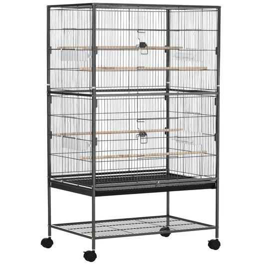 PawHut Large Bird Cage Budgie Cage for Finch Canaries Parakeet with Rolling Stand, Slide-out Tray, Storage Shelf, Food Containers, Dark Grey