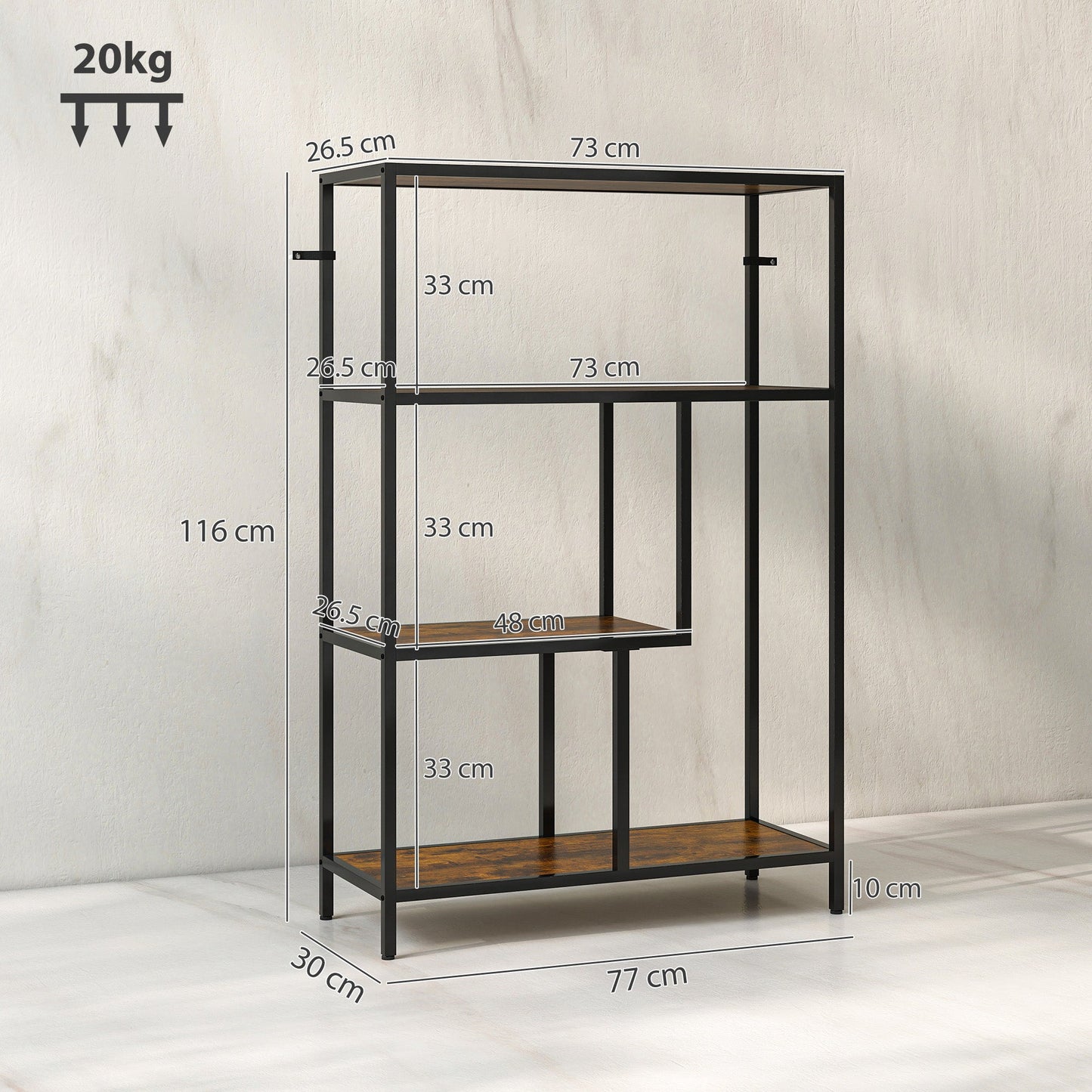 HOMCOM 4-Tier Bookshelf with Open Shelves - Rustic Brown