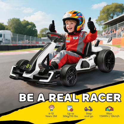 HOMCOM 24V Electric Go Kart for Kids with Adjustable Seat for 6-12 Years, White