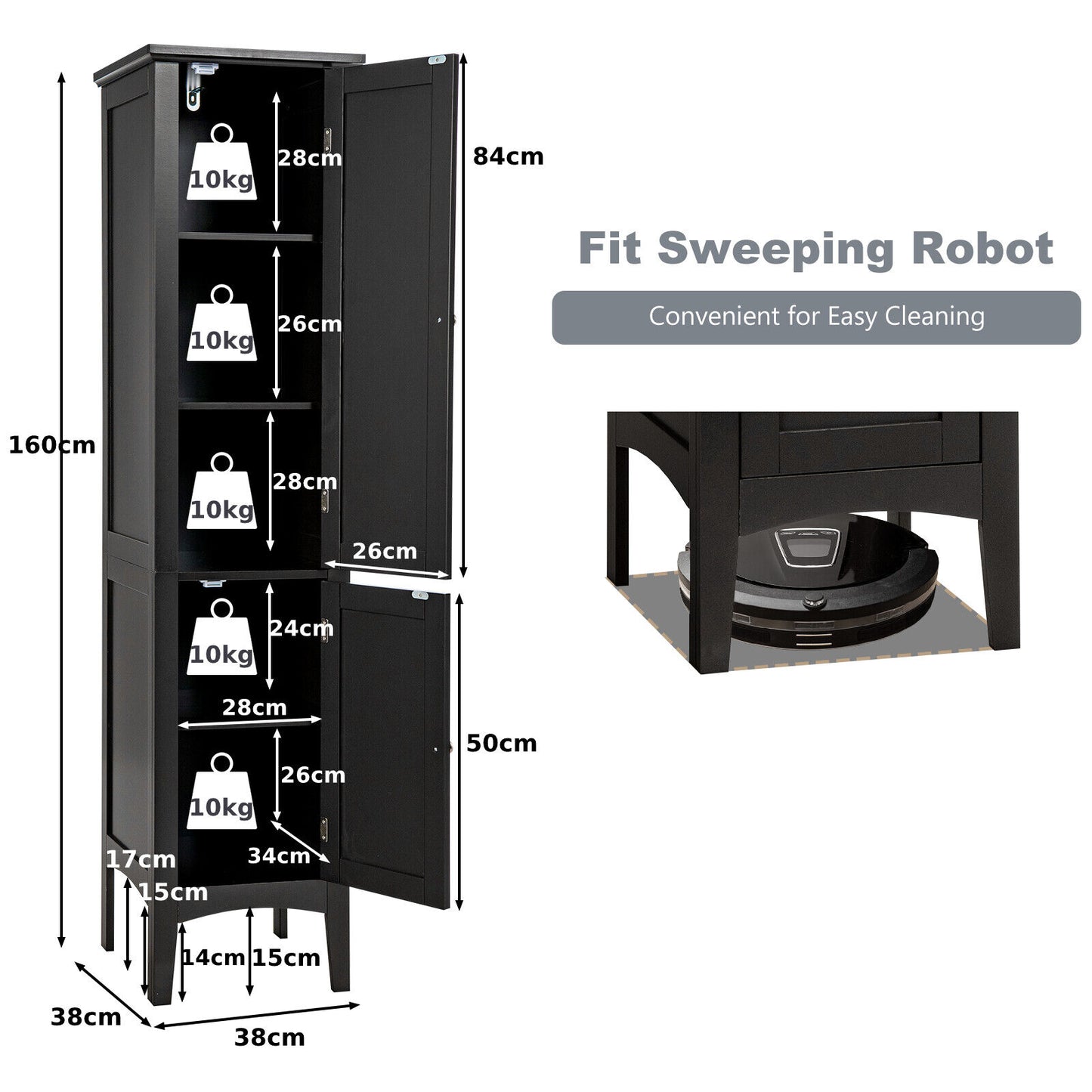2-Door 160cm High Freestanding Bathroom Cabinet with 5-Tier Shelves-Black