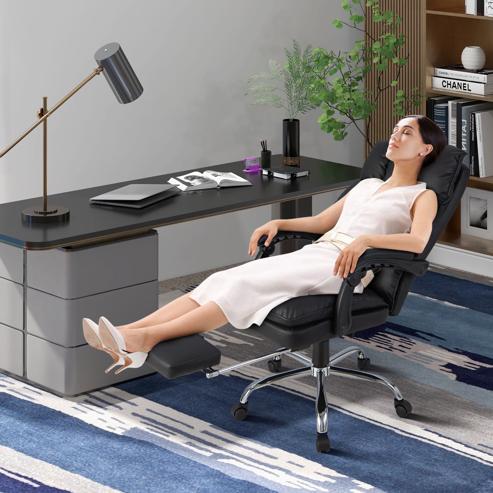 Ergonomic Adjustable High Back Rolling Computer Chair with Retractable Footrest-Black