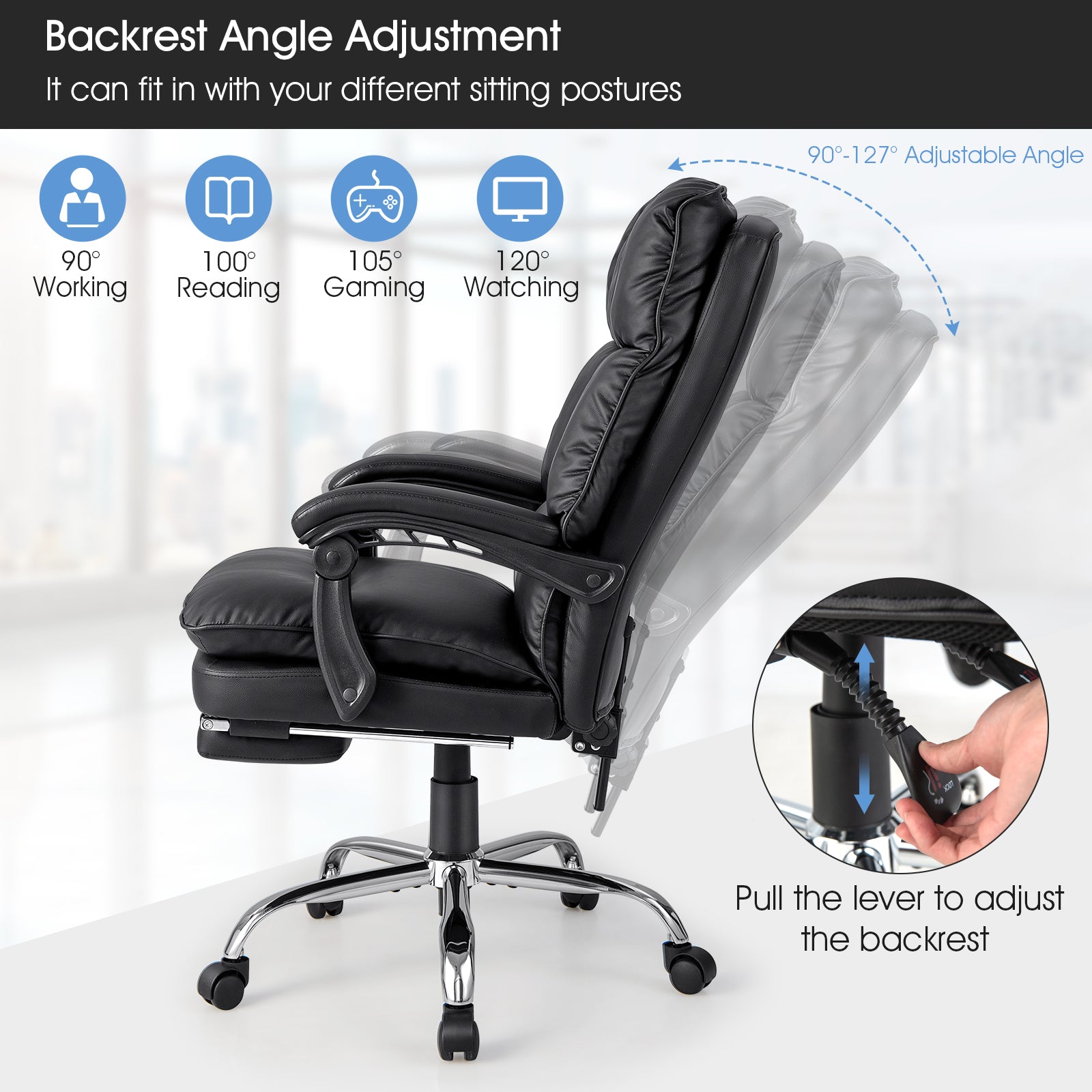 Ergonomic Adjustable High Back Rolling Computer Chair with Retractable Footrest-Black