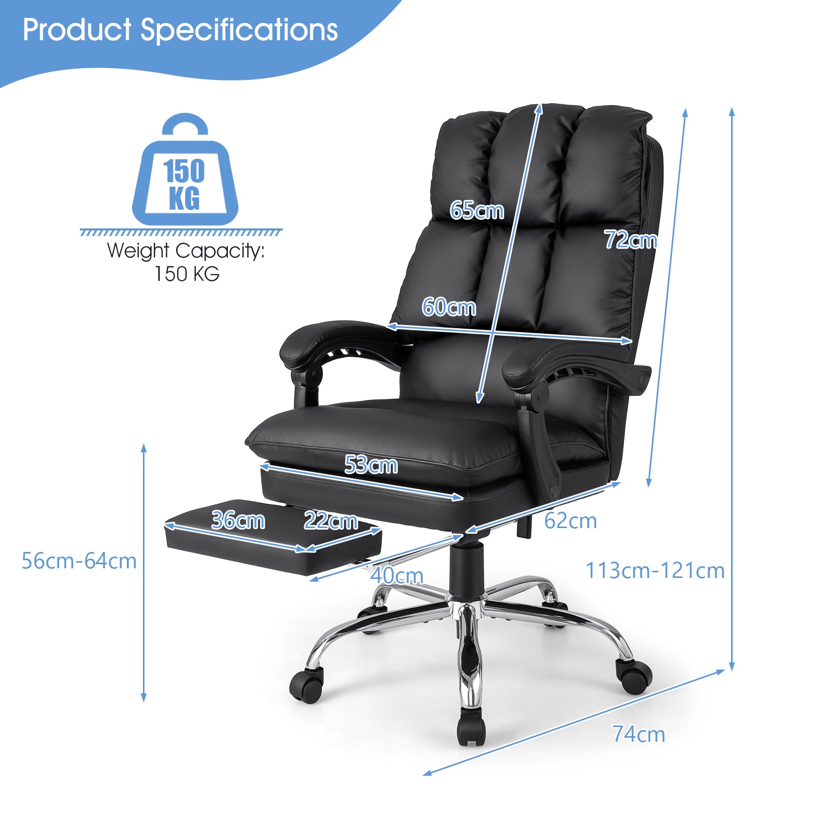 Ergonomic Adjustable High Back Rolling Computer Chair with Retractable Footrest-Black