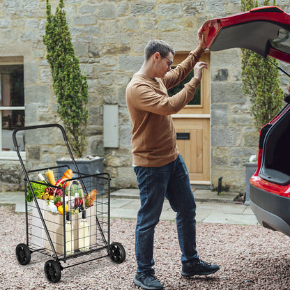 Heavy Duty Folding Shopping Cart with 83L Metal Basket-Black