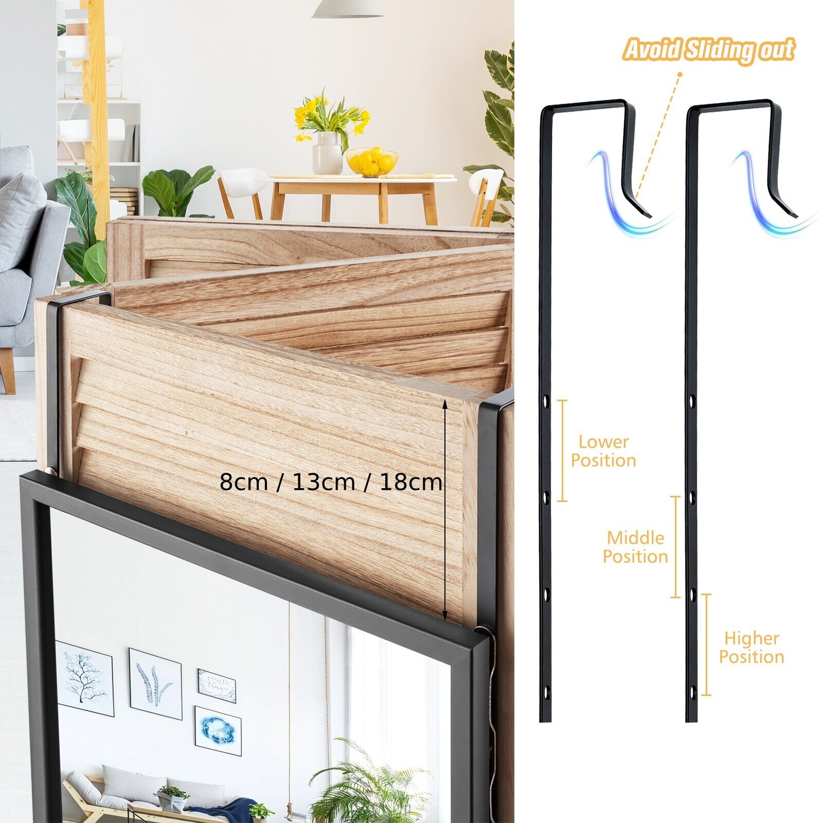 Full Length Wall-Mounted Mirror with Height Adjusting Hooks-Black