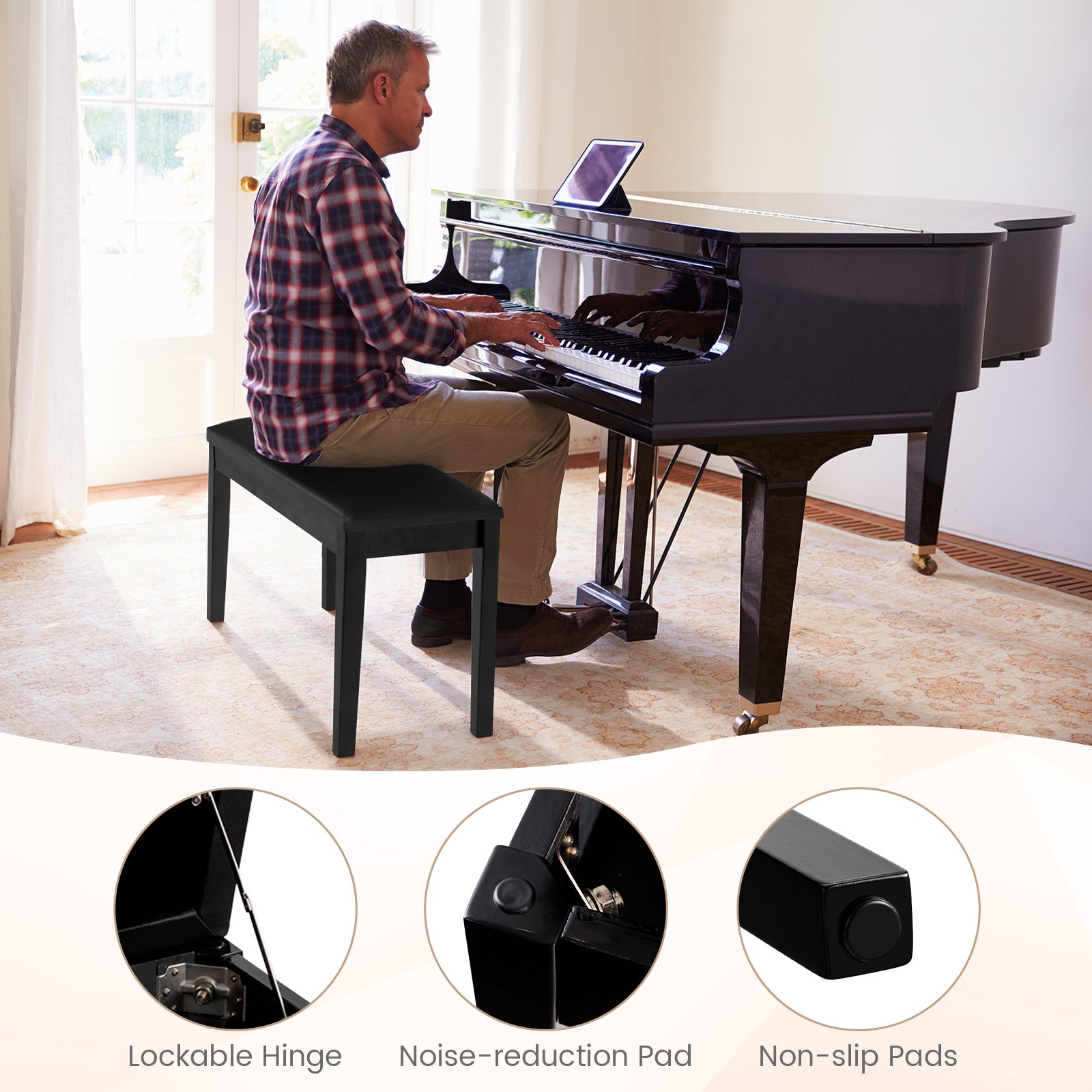 2-in-1 Padded Piano Bench with Storage Space-Black