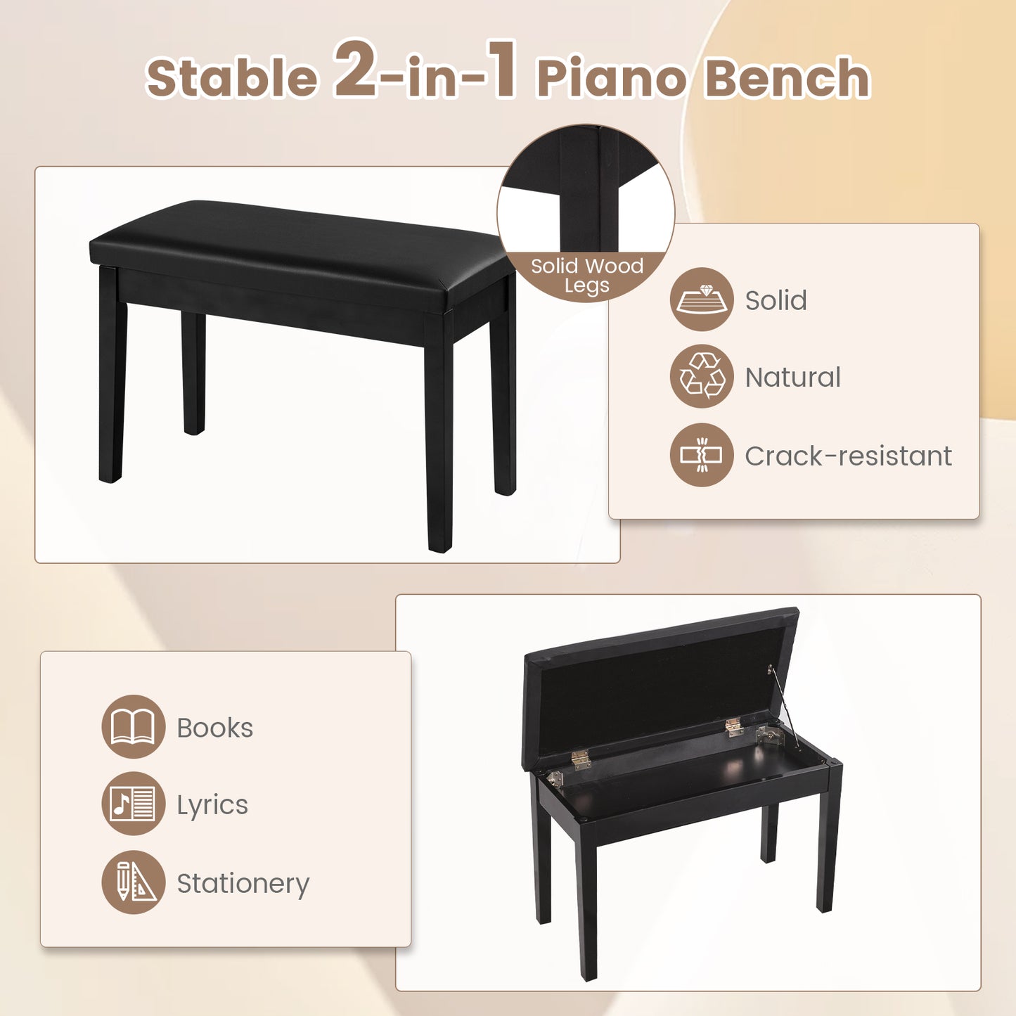 2-in-1 Padded Piano Bench with Storage Space-Black