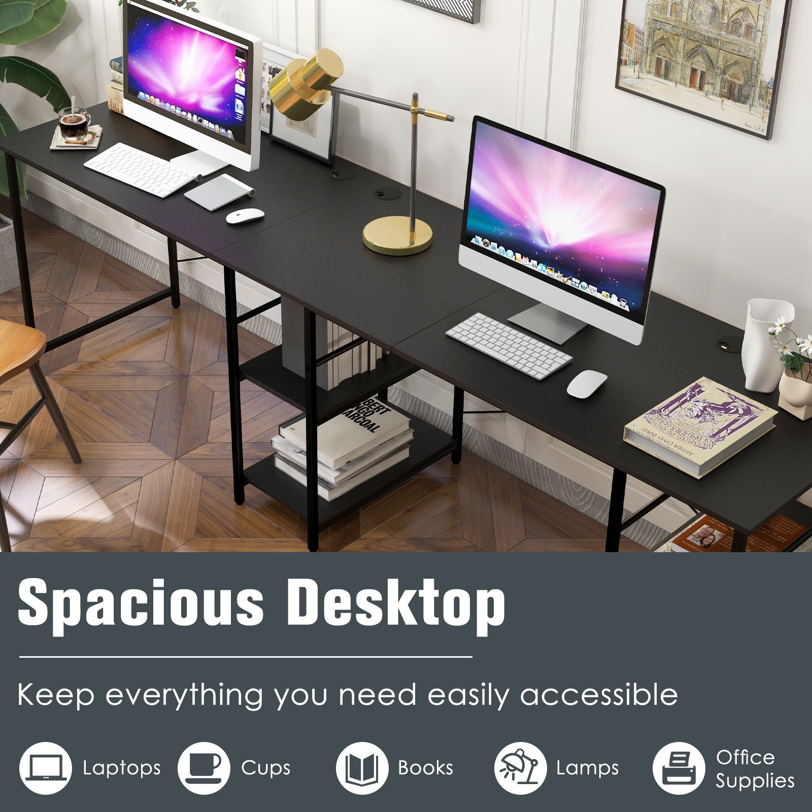 Wooden Industrial L-Shaped Desk with Storage Shelves-Black