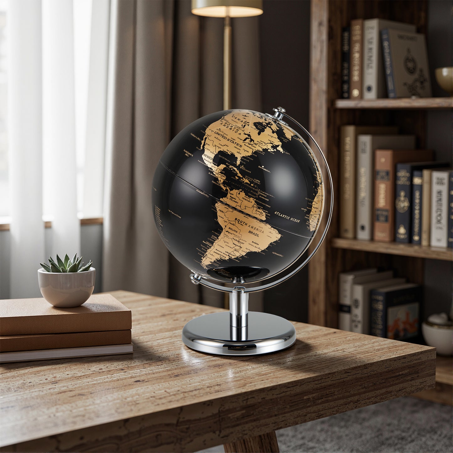 20CM Rotating Metallic Black World Globe with Metal Stand for Home School-Golden