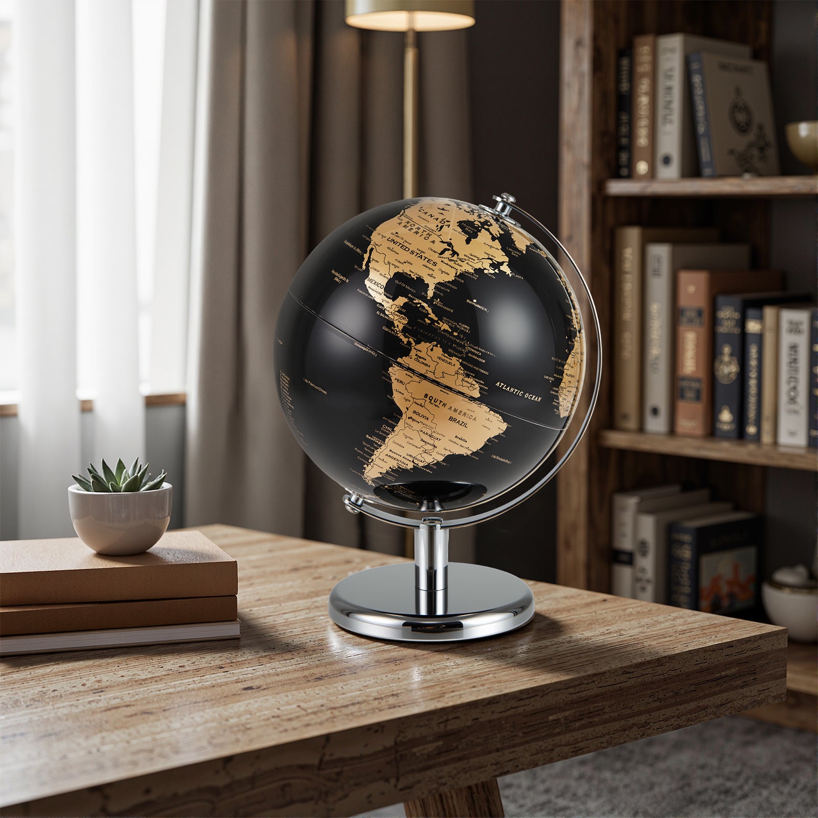 20CM Rotating Metallic Black World Globe with Metal Stand for Home School-Golden