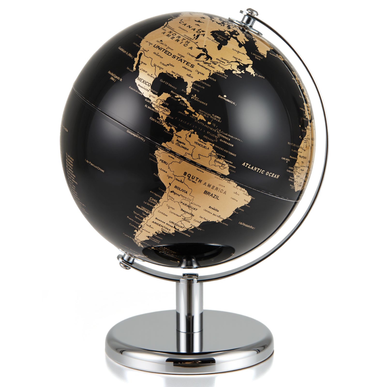 20CM Rotating Metallic Black World Globe with Metal Stand for Home School-Golden