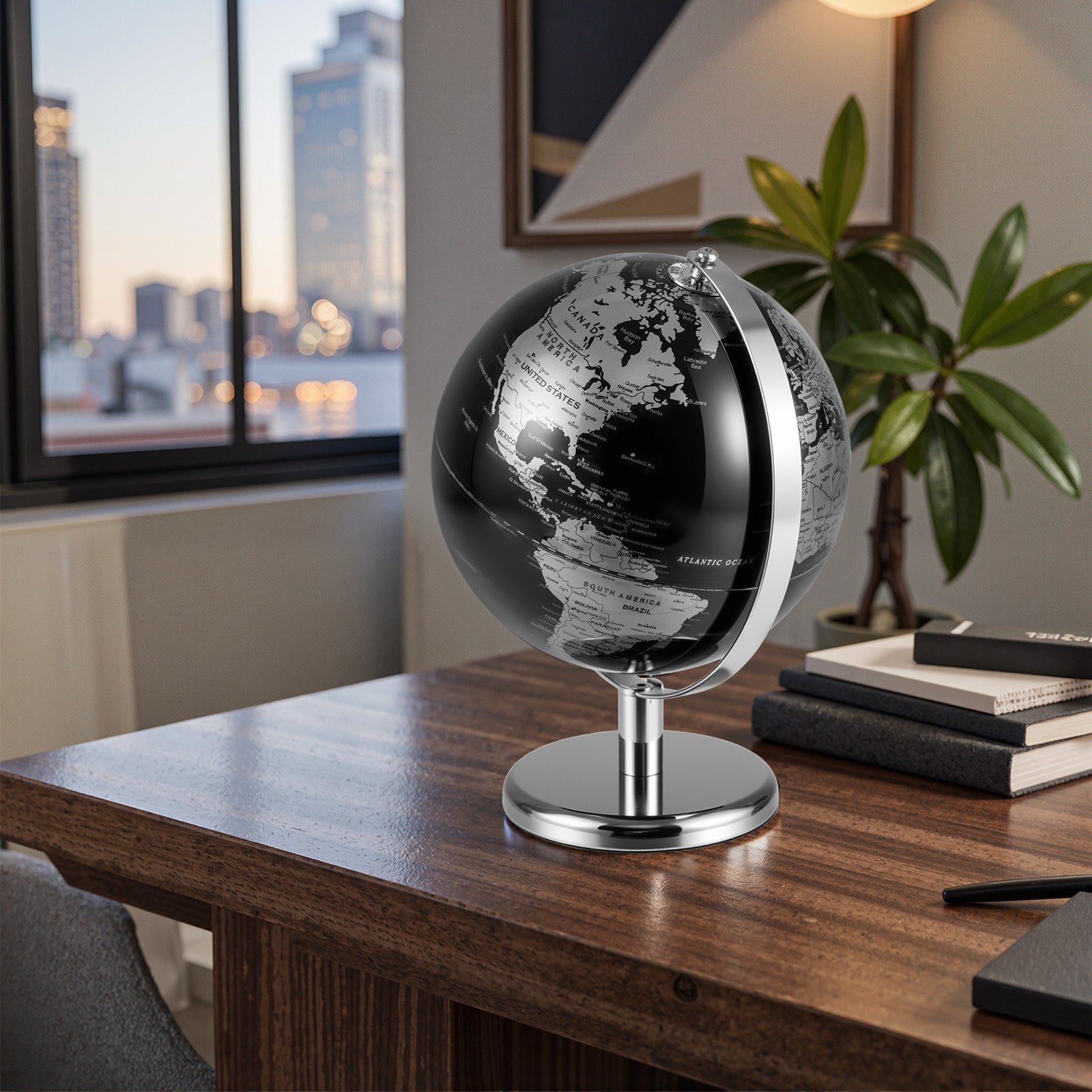 20CM Rotating Metallic Black World Globe with Metal Stand for Home School-Silver