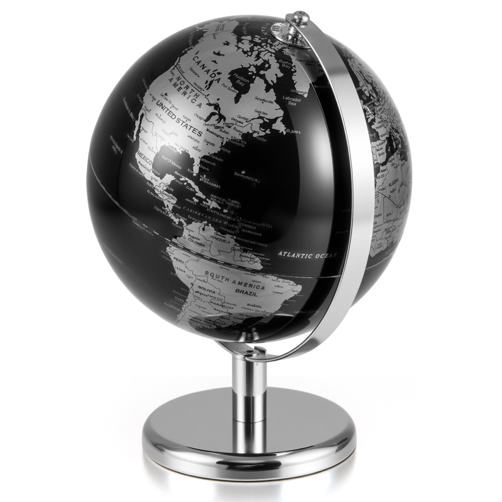 20CM Rotating Metallic Black World Globe with Metal Stand for Home School-Silver