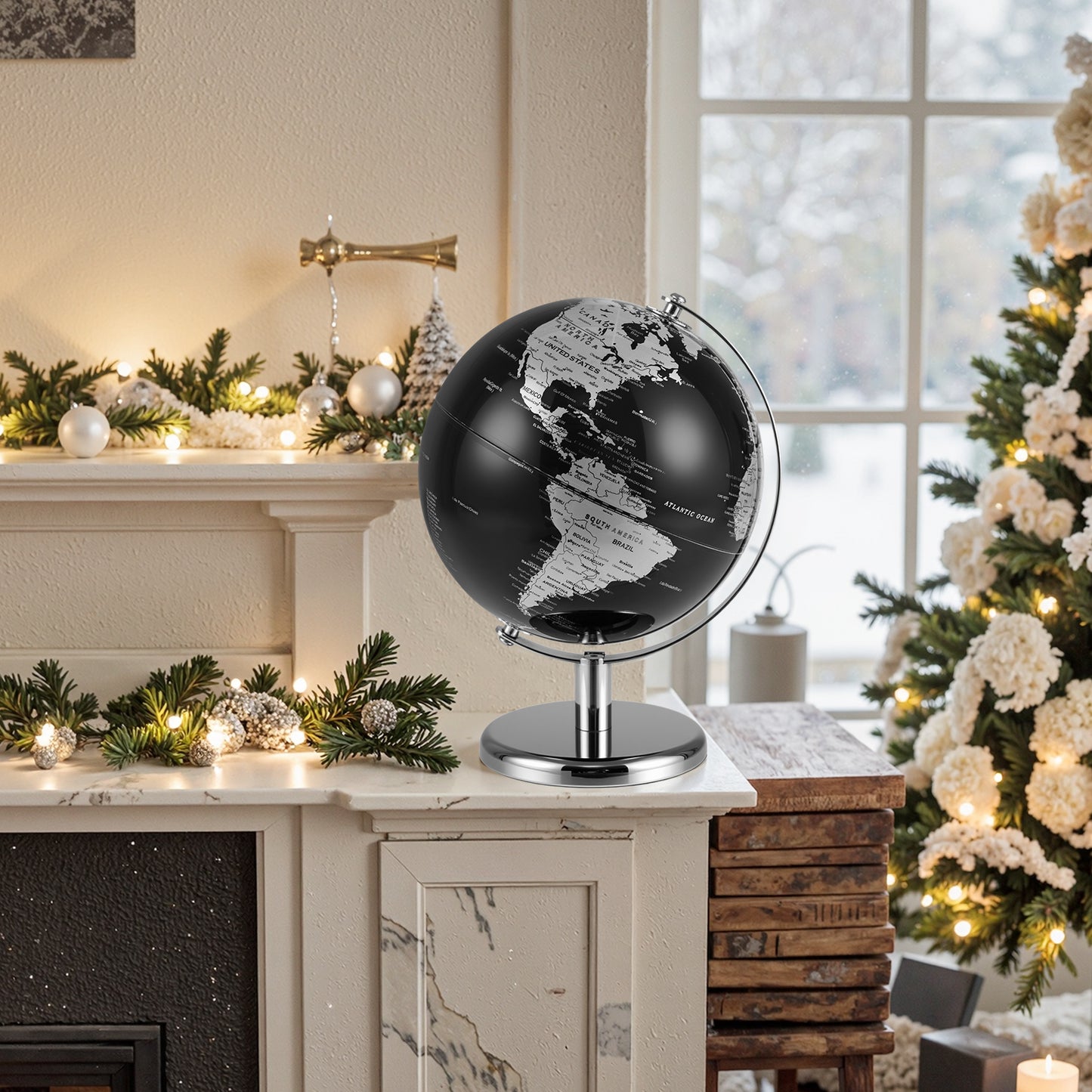 20CM Rotating Metallic Black World Globe with Metal Stand for Home School-Silver
