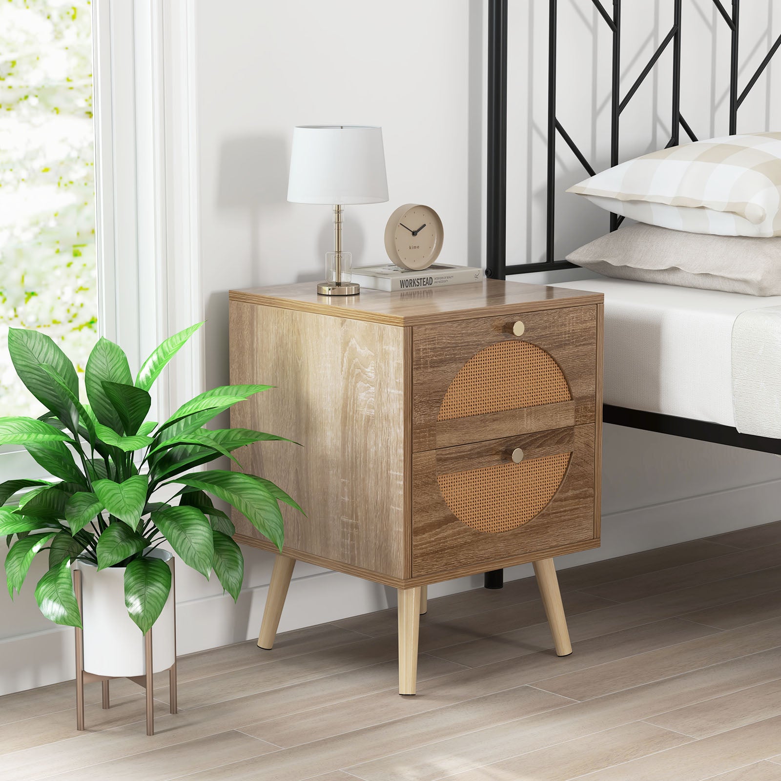 Bohemian Style Rattan Nightstand End Side Table with 2 Drawers-Oak