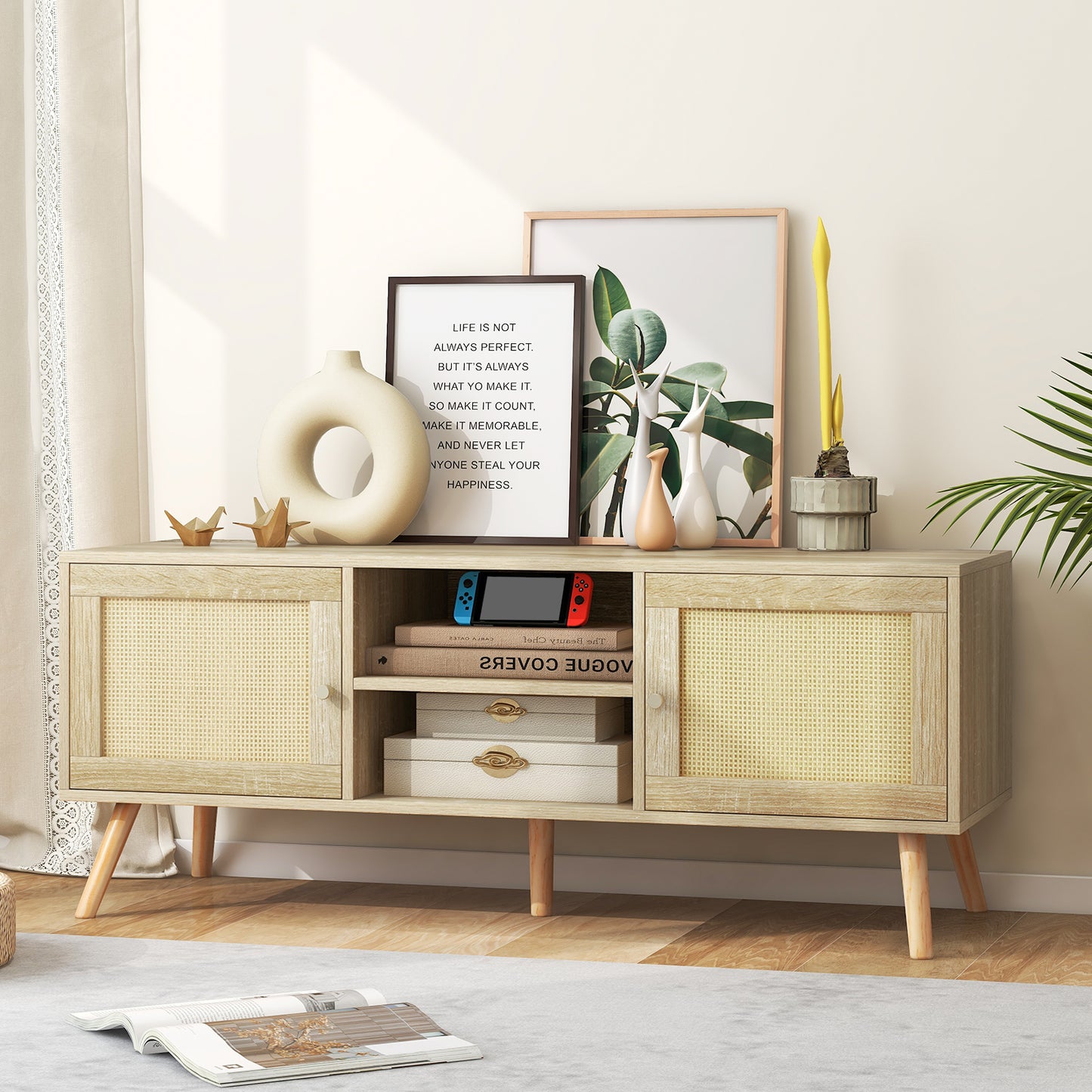 Boho PE Rattan TV Stand with 2 Cabinets and Open Shelves
