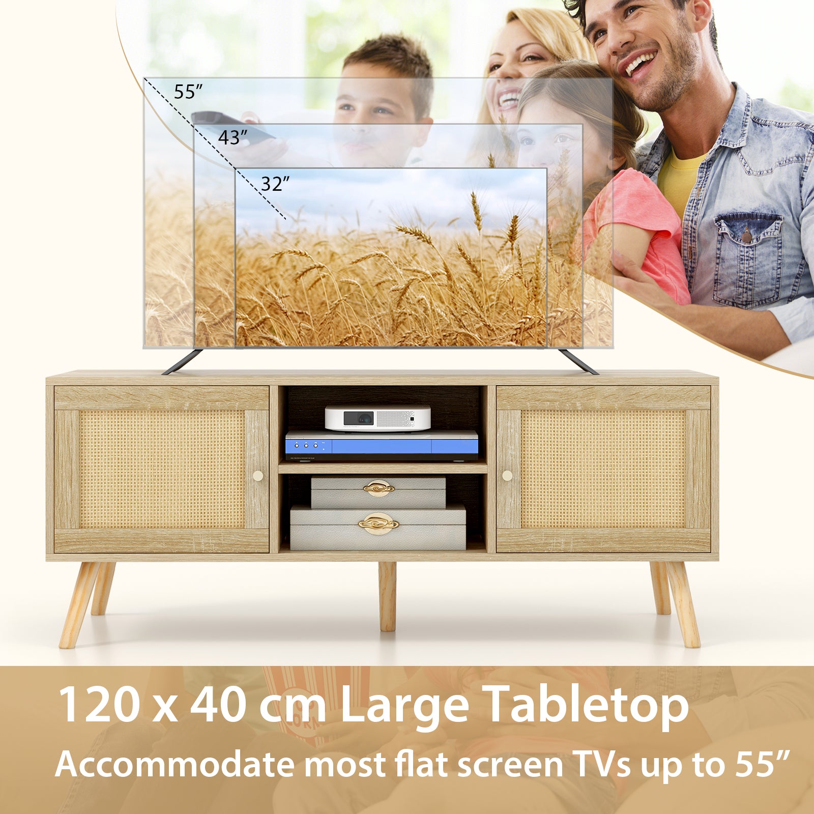 Boho PE Rattan TV Stand with 2 Cabinets and Open Shelves