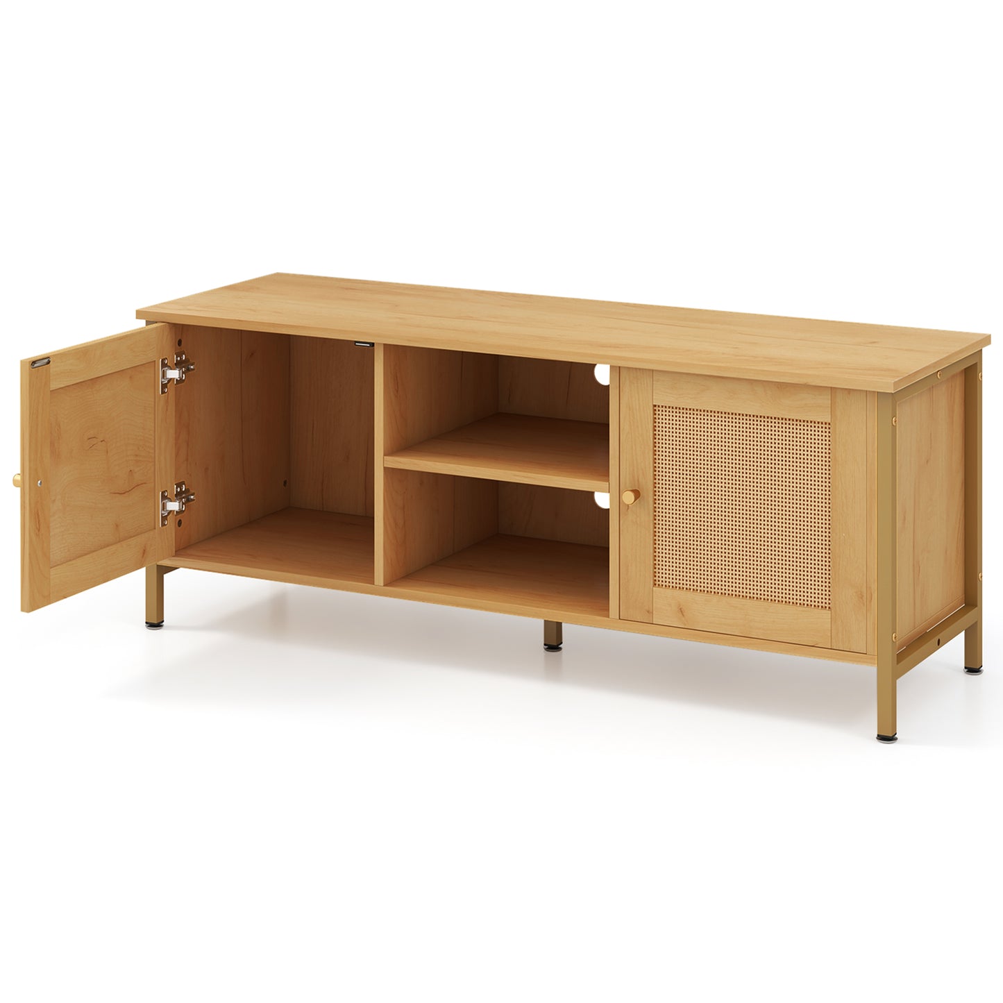 Boho TV Stand Media Console Table with 2 Cabinets and Open Shelf-Natural