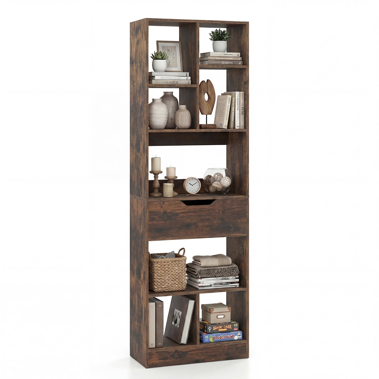 Bookcase with Drawer & 8 Open Cubes and Anti-Toppling Kits for Office Study-Rustic Brown