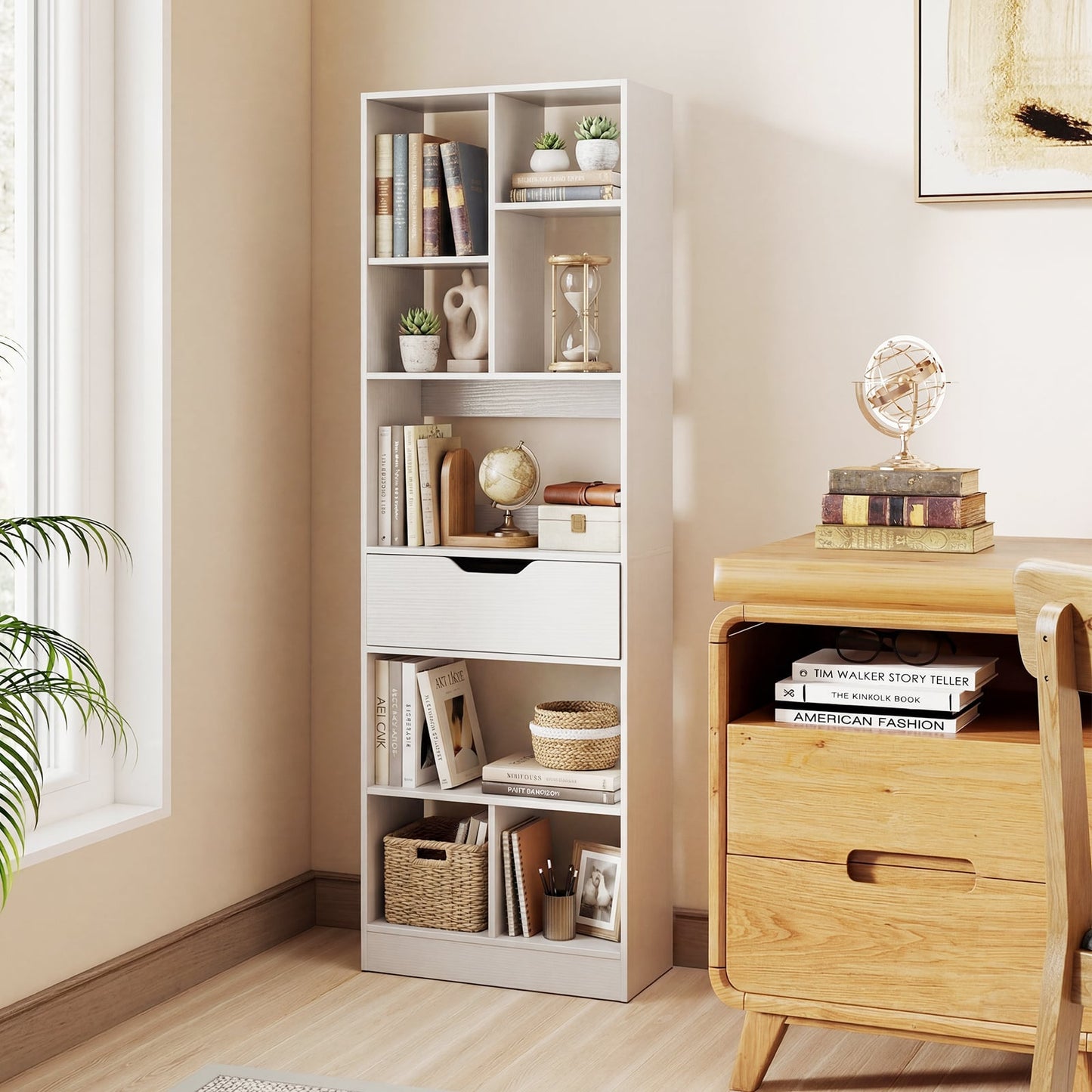 Bookcase with Drawer & 8 Open Cubes and Anti-Toppling Kits for Office Study-White