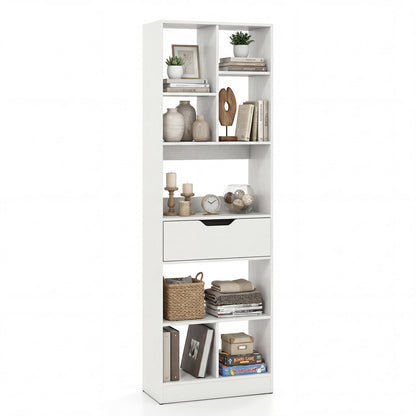 Bookcase with Drawer & 8 Open Cubes and Anti-Toppling Kits for Office Study-White