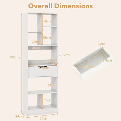 Bookcase with Drawer & 8 Open Cubes and Anti-Toppling Kits for Office Study-White