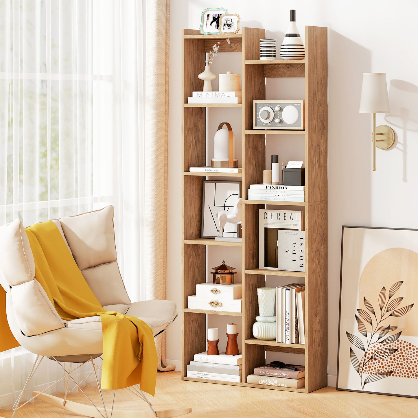 Bookshelf 11-Tier Bookcase with Anti-Tipping Kits Wood Display Shelf-Natural