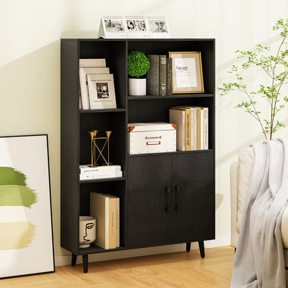 Bookcase with 5 Open Compartments and Double Doors Storage Cabinet-Black
