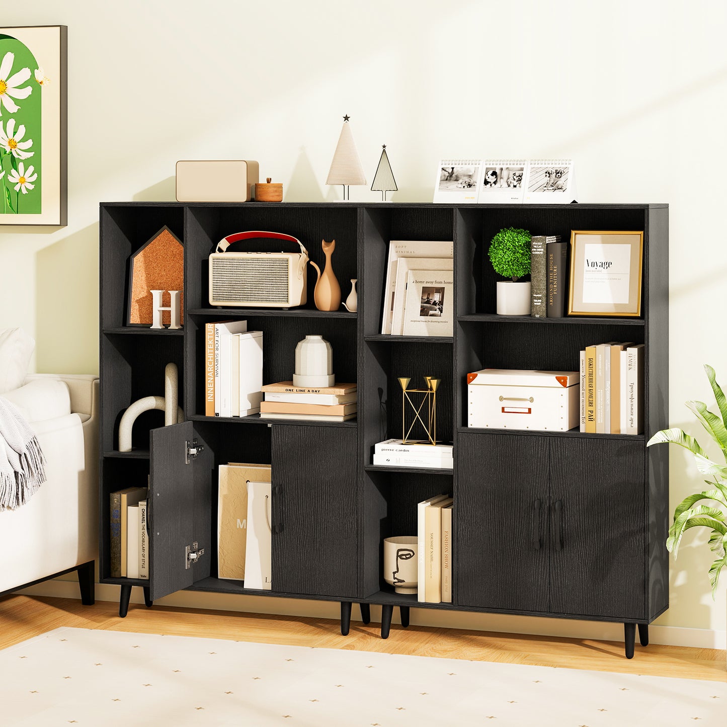 Bookcase with 5 Open Compartments and Double Doors Storage Cabinet-Black