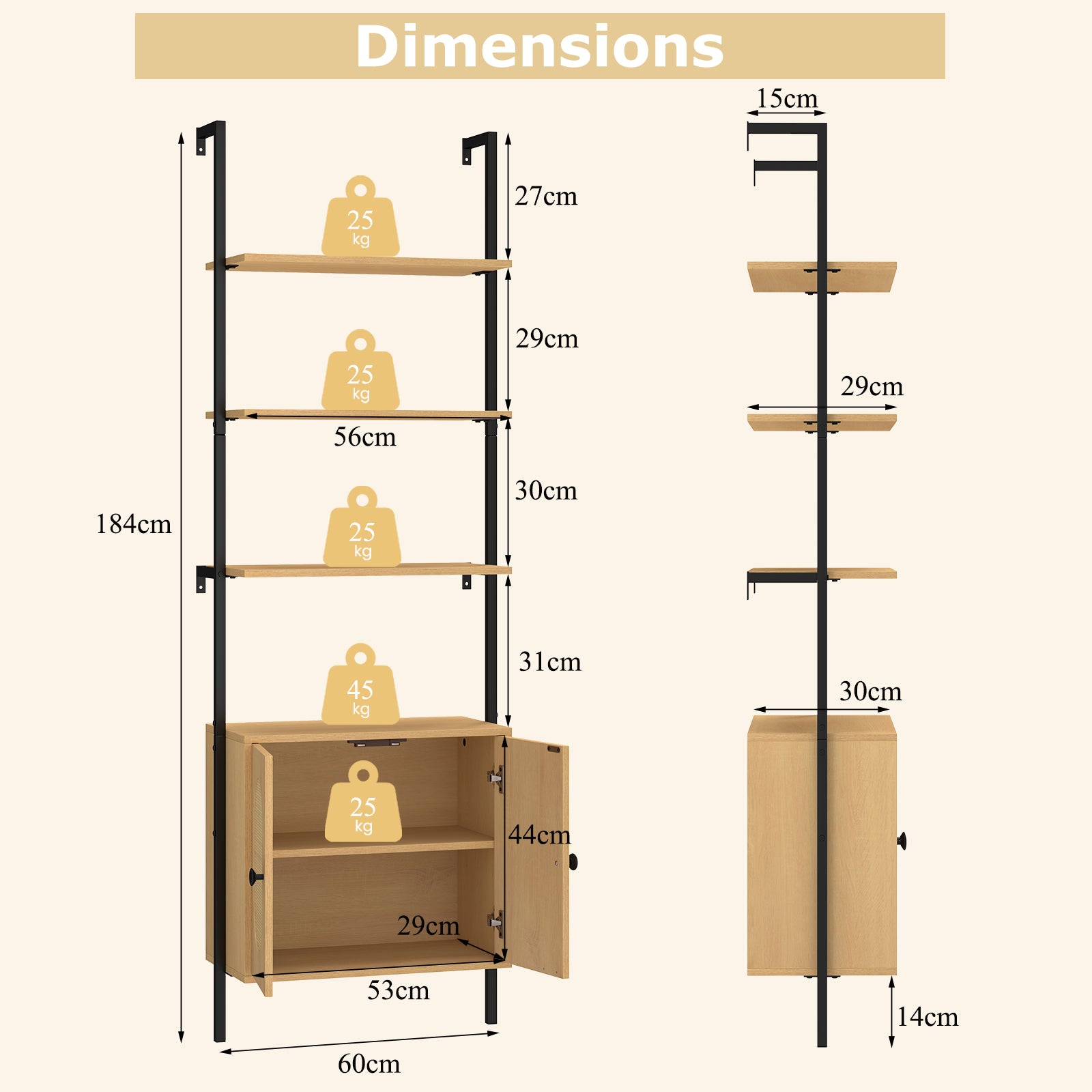 Bookcase with Rattan Cabinet and Adjustable Shelf-Natural