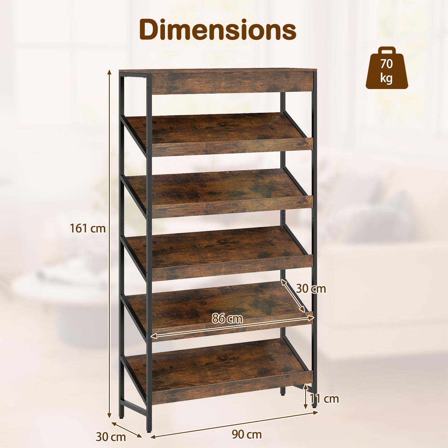 6 Tier Bookshelf with Heavy-Duty Metal Frame for Living Room-Rustic Brown