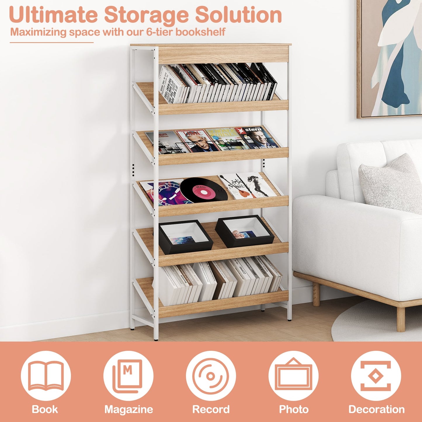 6 Tier Bookshelf with Heavy-Duty Metal Frame for Living Room-Natural