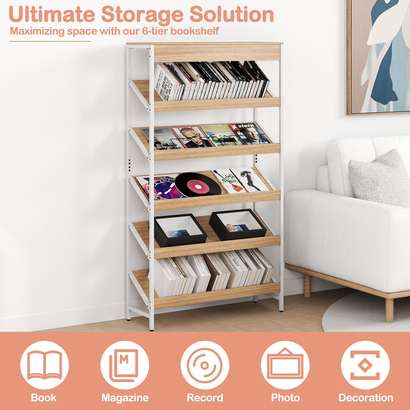 6 Tier Bookshelf with Heavy-Duty Metal Frame for Living Room-Natural