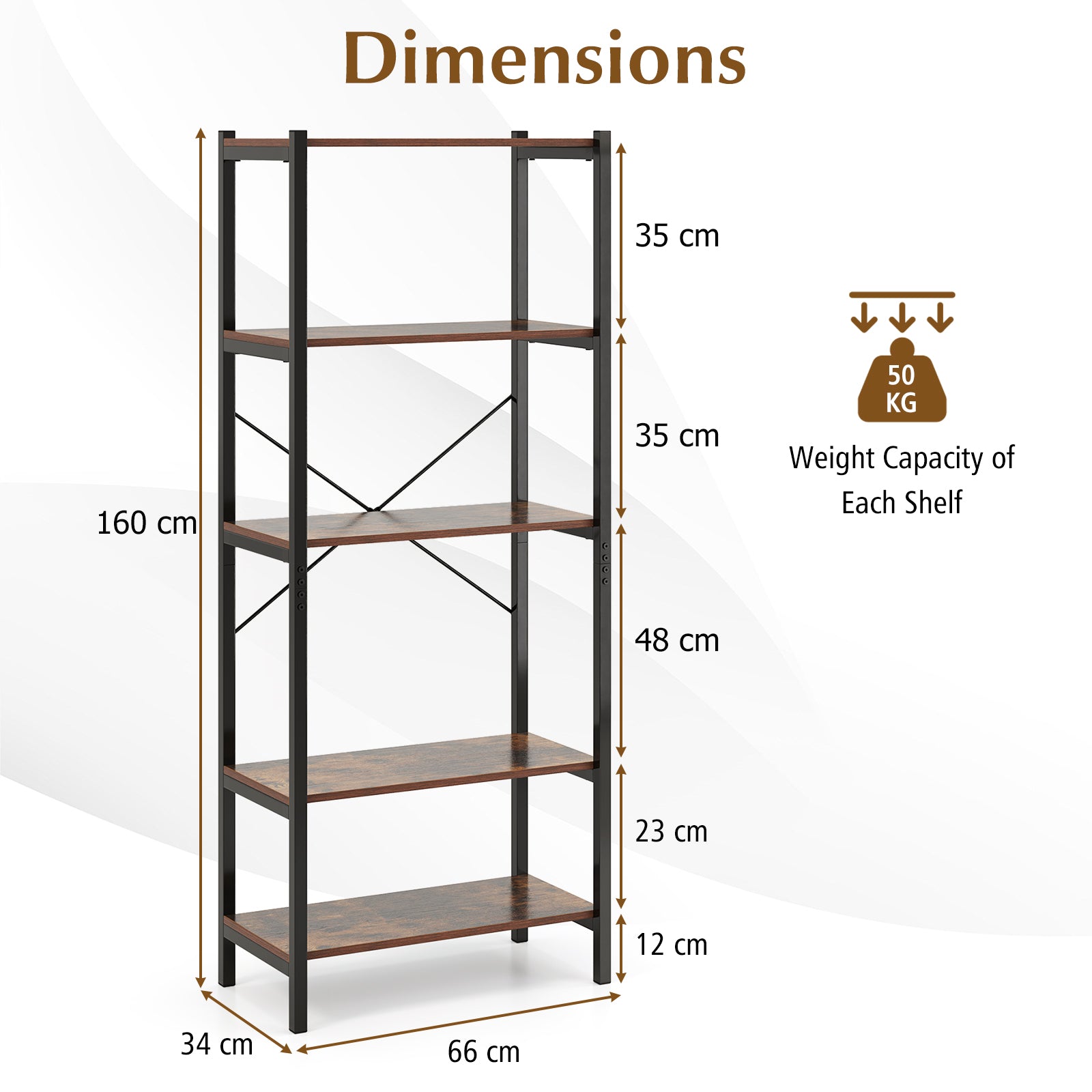 5-Tier Bookshelf with Metal Frame and Storage Rack-Rustic Brown