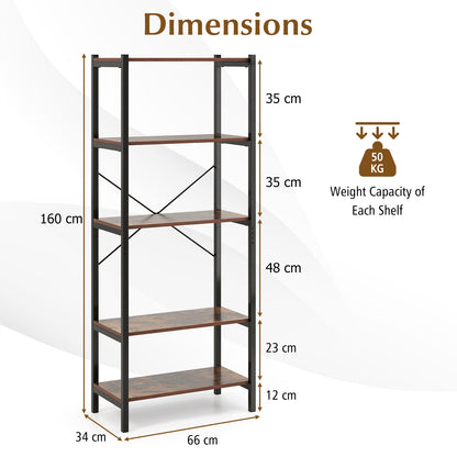 5-Tier Bookshelf with Metal Frame and Storage Rack-Rustic Brown