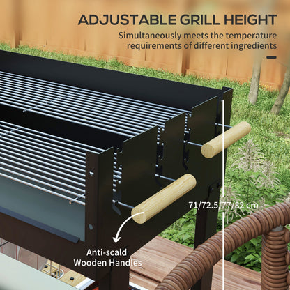 Outsunny CharcoalÂ BBQÂ Grill, BarbecueÂ Trolley with Double Adjustable Grill, Side Table, Storage Shelf and Wheels for Outdoor Garden Party Cooking, Black