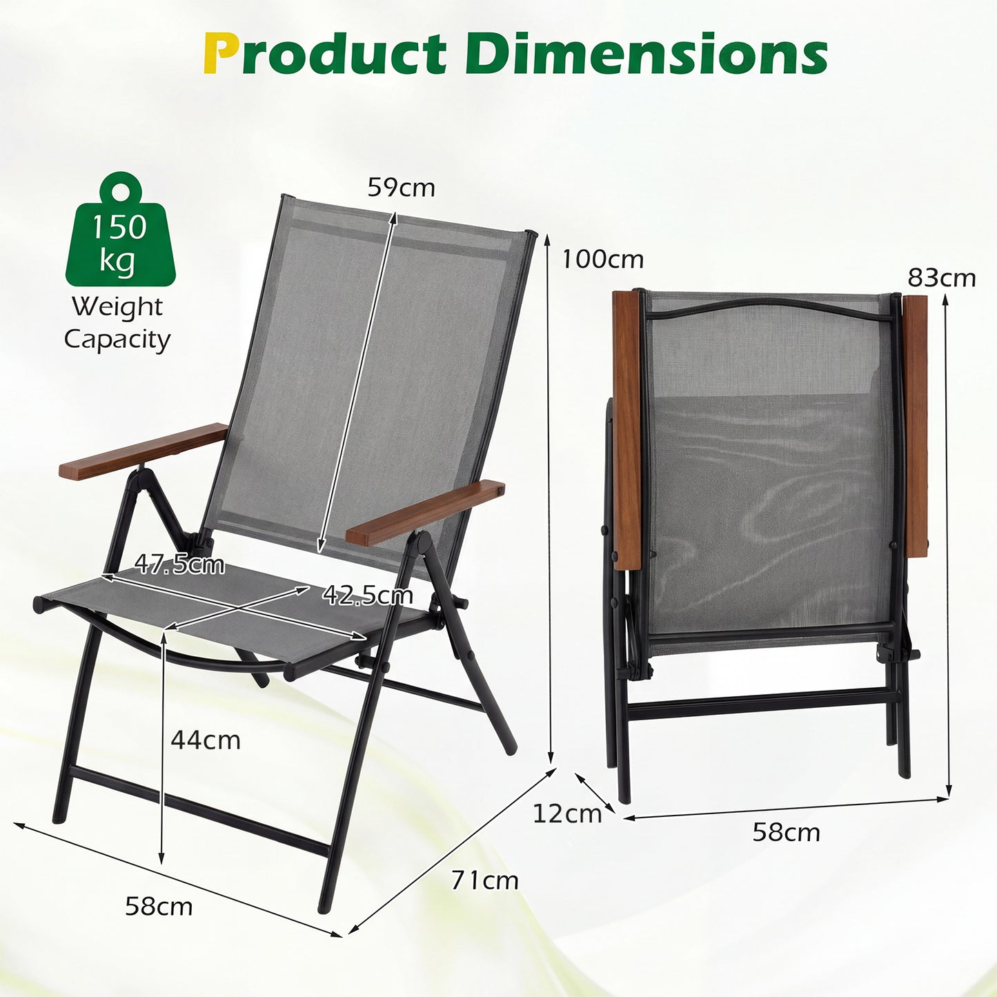 Breathable Fabric Folding Patio Chairs Set of 4-Grey