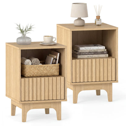Brooklyn Fluted Modern Nightstand Set of 2 with Compartment-Natural
