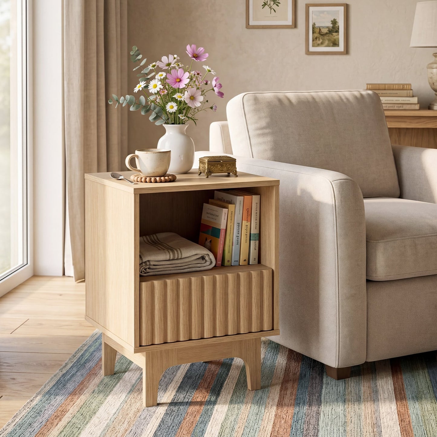 Brooklyn Fluted Nightstand Modern Wooden Night Stand with Open Compartment-Natural