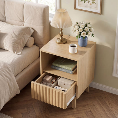 Brooklyn Fluted Nightstand Modern Wooden Night Stand with Open Compartment-Natural