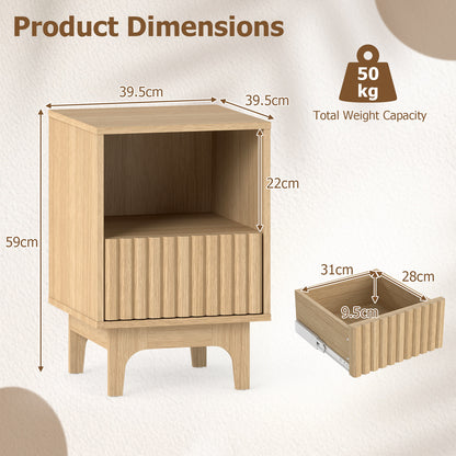 Brooklyn Fluted Nightstand Modern Wooden Night Stand with Open Compartment-Natural